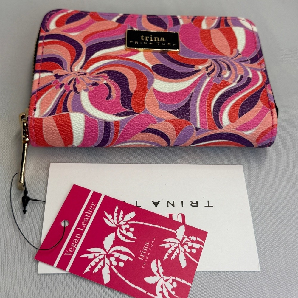 Trina Turk Sea Anemone Small Zip Around Wallet Pink Purple Floral Vegan Leather